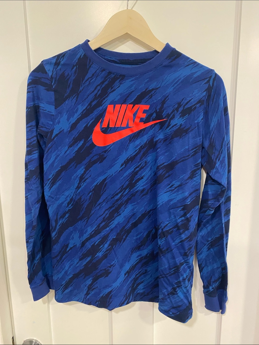 Nike Blue Graphic Long-Sleeve Tee with Red Swoosh